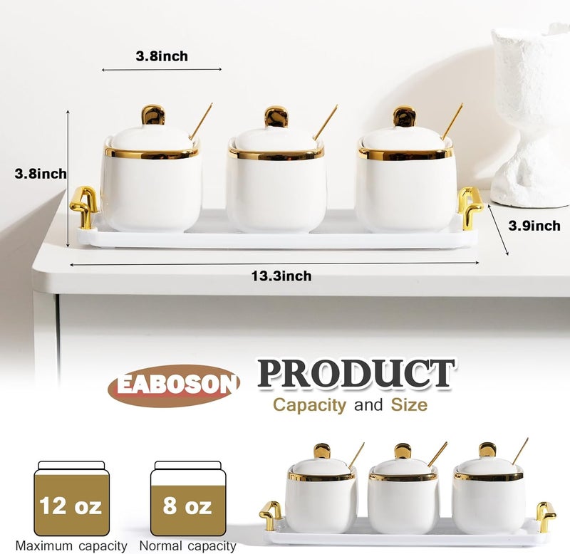 EABOSON 3 Pack Gold Condiment Spice Jars with Lids, Spoons, Tray - Ceramic Seasoning Box Set for Salt, Pepper, Sugar - Kitchen Storage - Image 2